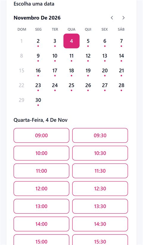 Página pública de agendamento no celular: calendário de novembro com o dia 4 selecionado e os horários livres de 9h às 15h30.