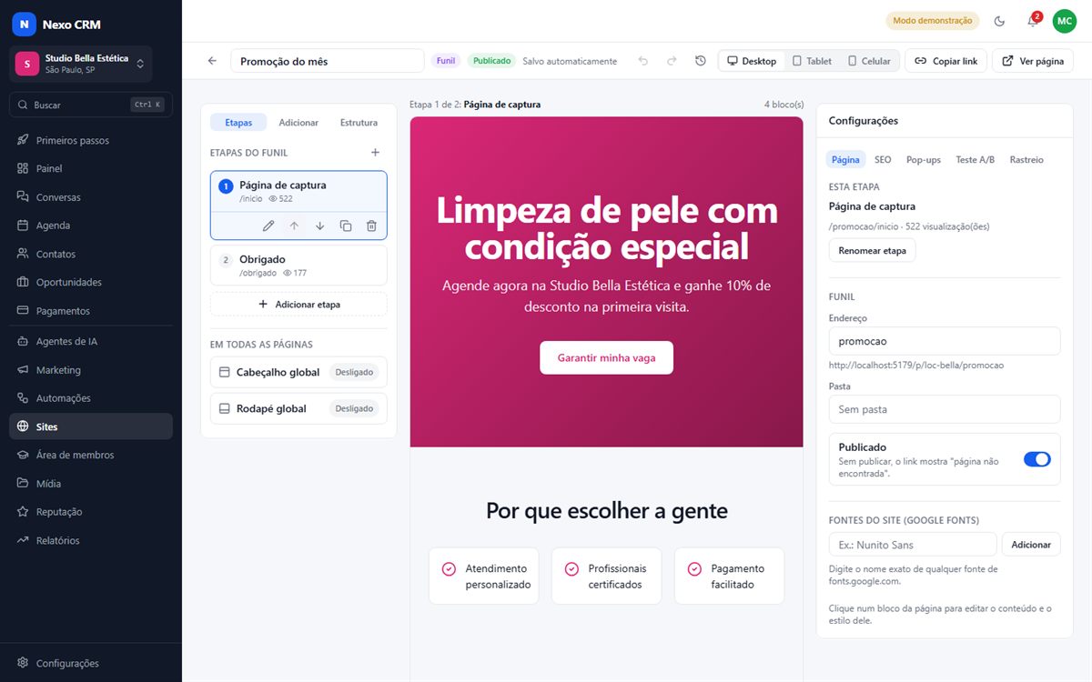 Editor de funil do Nexo mostrando as etapas Página de captura e Obrigado, a prévia da página com o botão Garantir minha vaga e o painel de configurações.
